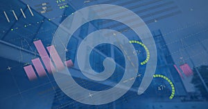 Image of statistical data processing against low angle view of tall building