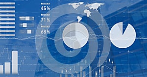 Image of statistical data processing against low angle view of tall building