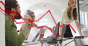 Image of statistical data processing against team of diverse colleagues discussing at office