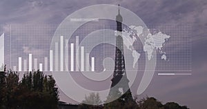 Image of statistical data processing against view of eiffel tower