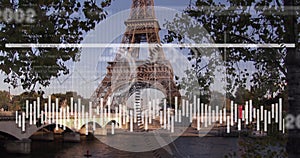 Image of statistical data processing against view of eiffel tower