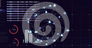 Image of statistical data processing and globe of digital icons against black background