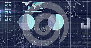 Image of statistical data processing and mathematical equations against blue background