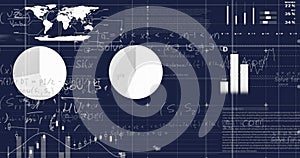 Image of statistical data processing and mathematical equations against blue background