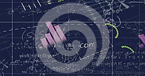Image of statistical data processing and mathematical equations against blue background