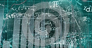 Image of statistical data processing and mathematical equations against green background