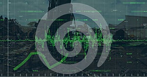Image of statistical data processing over grid network against crane operating at junkyard
