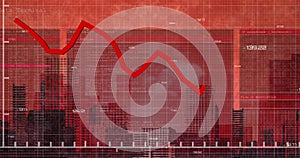 Image of statistical data processing over grid network against view of cityscape