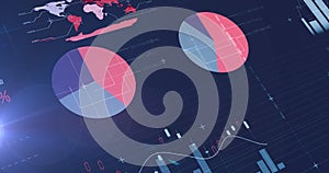Image of statistical data processing over light spot against blue background