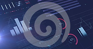 Image of statistical data processing over light spot against blue background