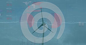 Image of statistical data processing over spinning windmill against blue sky