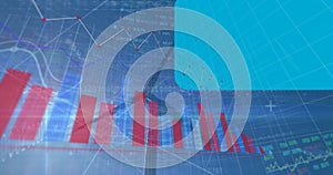 Image of statistical data processing over spinning windmill against blue sky