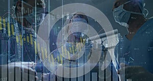 Image of statistical data processing over team of surgeons performing operation at hospital