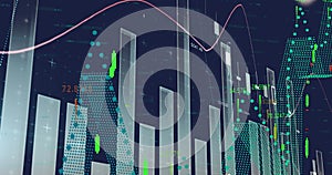 Image of statistical and financial data processing against blue background