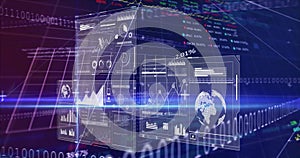 Image of statistics, binary coding and financial data processing over grid