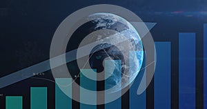 Image of statistics and data processing with blue arrow over globe