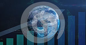 Image of statistics and data processing with blue arrow over globe