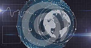 Image of statistics and data processing and globe over network of connections