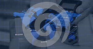 Image of statistics and data processing on grey background