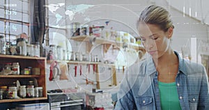 Image of statistics and data processing on grey background