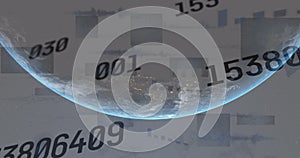 Image of statistics and data processing with numbers over globe