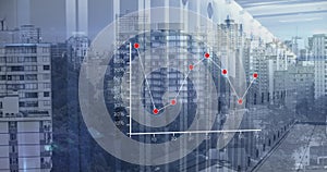 Image of statistics and data processing over cityscape and computer servers