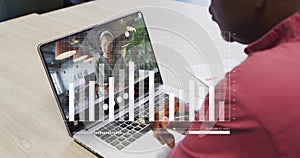 Image of statistics data processing over diverse business people on laptop image call