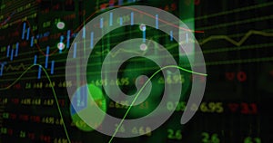 Image of statistics and data processing over green lights of computer servers