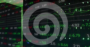 Image of statistics and data processing over green lights of computer servers