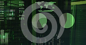 Image of statistics and data processing over green lights of computer servers