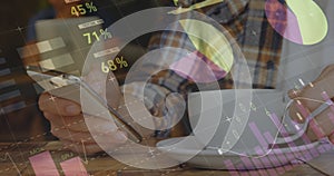 Image of statistics and data processing over man using smartphone