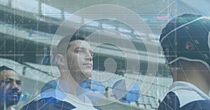 Image of statistics and data processing over rugby player in sports stadium