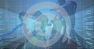 Image of statistics and data processing over rugby player in sports stadium