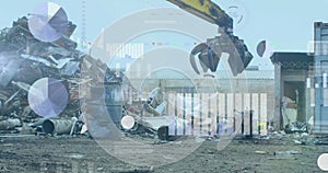 Image of statistics and data processing over vehicle in scrap yard