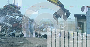 Image of statistics and data processing over vehicle in scrap yard