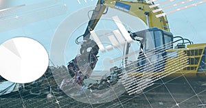 Image of statistics and data processing over vehicle in scrap yard