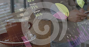 Image of statistics and data processing over woman using smartphone