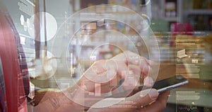 Image of statistics and data processing over woman using smartphone