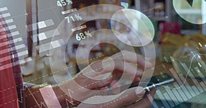 Image of statistics and data processing over woman using smartphone