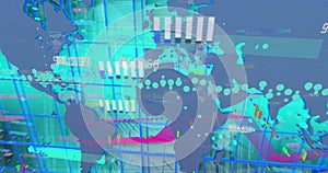 Image of statistics and data processing over world map and grid background