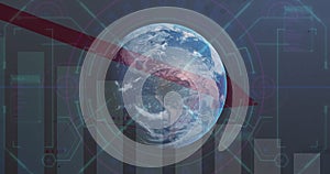 Image of statistics and data processing with red arrow over globe