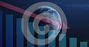 Image of statistics and data processing with red arrow over globe