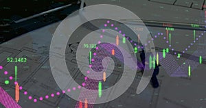 Image of statistics and financial data processing over architects plans and compass