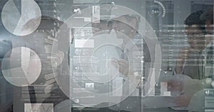 Image of statistics and financial data processing over architects with plans in meeting