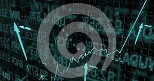 Image of statistics and financial data processing over arrows on black background