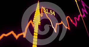 Image of statistics and financial data processing over arrows on black background