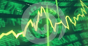 Image of statistics and financial data processing over arrows on black background