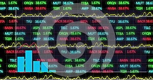 Image of statistics and financial data processing over black background