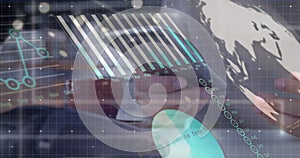 Image of statistics and financial data processing over caucasian man using smartphone