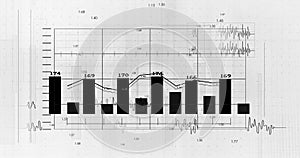 Image of statistics and financial data processing over grid on white background